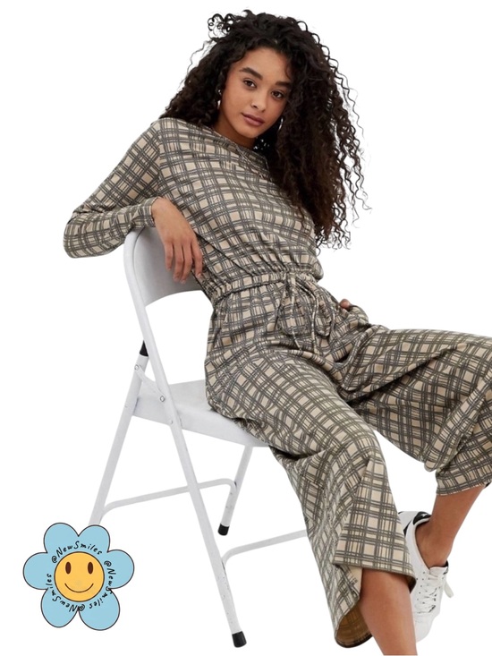 ASOS Pants - ASOS ~ Romper ~ Beige & Gray ~ Large Plaid ~ Long-Sleeve ~ Elastic Tie Waist